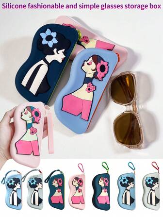 1 pieza Estuche de gafas de silicona con patrón de belleza, bolsa de gafas con asa colgante (con gancho + paño de gafas) y bolsa con cremallera de gran capacidad y diseño impreso, adecuado para viajes y uso portátil. Resistente al agua y a los golpes, diseñado para mantener las gafas y las gafas de sol libres de polvo, ideal para accesorios de almacenamiento de gafas de moda