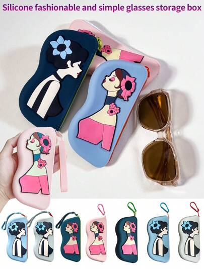 1pc Beauty Pattern Silicone Glasses Case, Glasses Bag With Hanging Handle (With Hook + Glasses Cloth), And Large-Capacity Zipper Printing Bag, Suitable For Travel And Portable Use. Waterproof And Shockproof, Designed To Keep Glasses And Sunglasses Dust-Free, Ideal For Fashion Glasses Storage Accessories