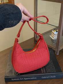 1 pieza Bolso de estilo coreano a la moda con estampado de piedra, de unicolor, bolso de hombro casual, con cremallera suave, en una variedad de colores de macarons, con un estilo artístico elegante y fresco, apto para compras, viajes, desplazamientos, bolso de media luna de estilo casual retro de fieltro