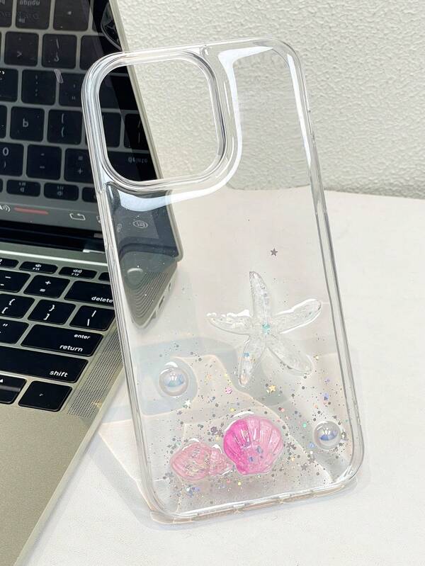 1pc Textured Transparent Starfish & Pink Shell 2-In-1 Resin Mobile Phone Case For IPhone 11 12 13 14 15 Pro Max