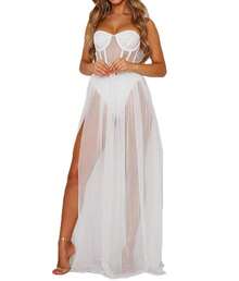 Women Bikini Cover Up Maxi Dress Solid Color Sleeveless Mesh Transparent Long Dress See-Through High Split Beachwear - trắng - Xem 3