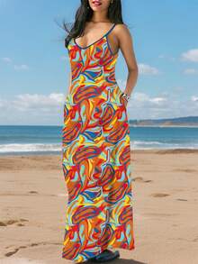 GLOURI African Print Maxi Sun Dress - Sleeveless Adjustable Straps Dress With Pockets | Flowy Relaxed Fit For Beach Vacations/Casual Outings (Breathable Medium Stretch & Ankara Inspired Design) - Orange - View 2