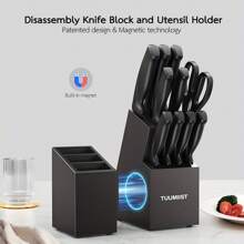 Set di coltelli con blocco - Set di coltelli da cucina da 18 pezzi per uso quotidiano in cucina - Comprende 10 coltelli e 6 utensili in silicone
