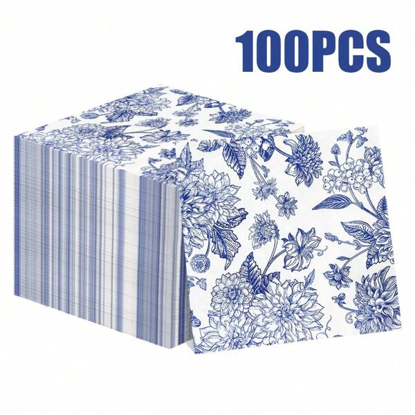 100/60/20pcs 13 * 13 Inch Disposable Blue Floral Patterned Napkins, Banquet Decorations, Parties, Wedding Banquets, Family Gatherings, Restaurant Decorations