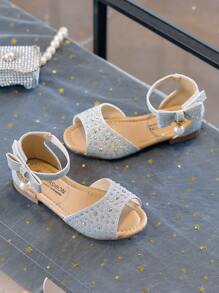 1 Pair Kids Girls Rhinestone Sequin Sandals Princess Dance Shoes Ankle Strap Open Toe Soft Bottom Flats