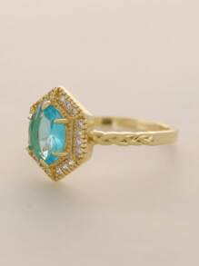 Flyleaf 1 Piece Vintage S925 Sterling Silver 14K Gold Color Geometry Blue Artificial Topaz Open Ring For Women Party Banquet Engagement Fine Jewelry