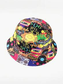 1pc Unisex Fashion Hip Hop 90s 80s Geometric Graffiti Vintage Street Style Reversible Bucket Hat, Versatile For Casual & Commuting