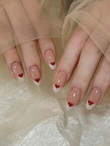 nailrosy 10 Buah Kuku Tempel Buatan Tangan Bentuk Oval Sedang Warna Nude Putih French Fake Nails Mini Pola Hati Merah Mengkilap Sweet Coquette False Nail Tips - Berwarna merah muda - View 2