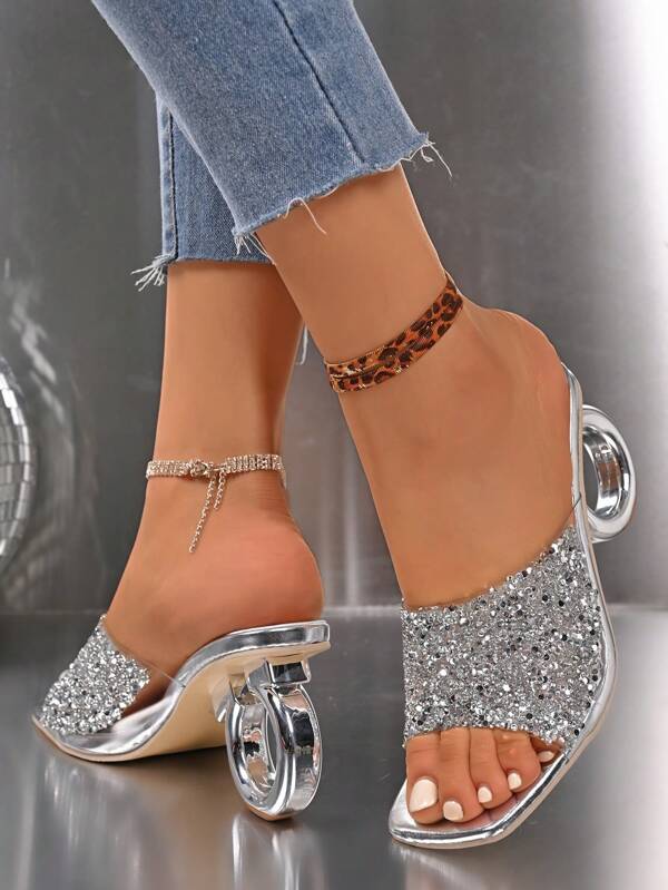 New Elegant Women's Shiny Glitter Fashion Sequin Valentine's Day Party Wedding Silver Plated Glowing Abnormal Shape High Heel Sandals