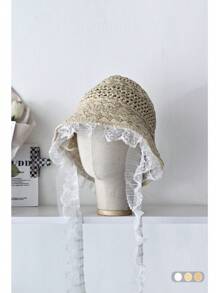 1pc French Lace Brim Straw Hat, Elegant Solid Color Hollow Woven Sun Hat With Lace Ribbons, For Beach, Outdoor, Picnic, Summer