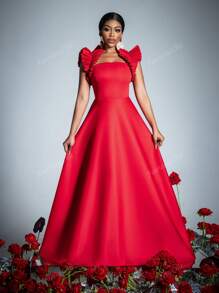 Sleeveless Ruffled-Trim Formal Dress - Timeless Elegant Gown With Fitted Bodice & Flowy Silhouette For Spring-Summer Weddings, Galas, Receptions, Red Carpet, Party Dress, For Cocktail