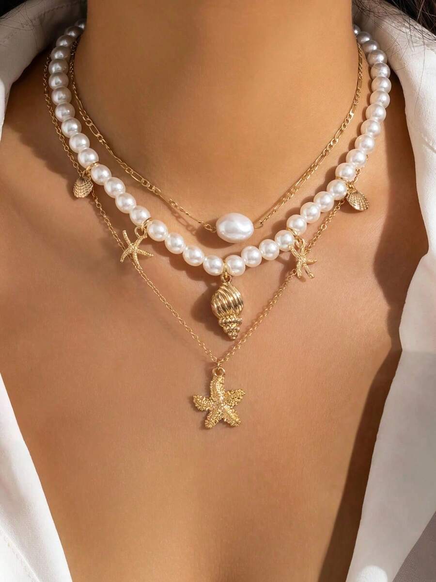 3pcs Vintage Boho-Style Metal Shell & Starfish Pendant Tassel Necklace Set, Faux Pearl Beaded Necklace, Women's Daily Wear & Beach Vacation Pearl Jewelry Set - Gold - View 1