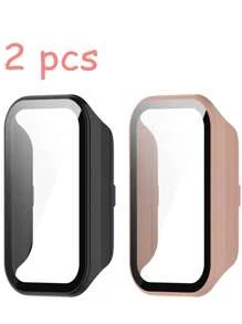 Pacote com 2 capas rígidas de PC para smartwatch Xiao Mi Smart Band 8 Active, protetor de tela de vidro temperado completo, capa protetora anti-goma para Mi Band 8 Active e Xiao Mi Redmi Band 2. A capa rígida de PC protege o relógio contra danos em esportes ao ar livre, uso diário e outros acessórios para cenas, homens e mulheres.
