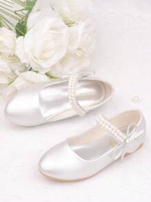 CAIWENNIAO Girls Children Pearl Shoes Soft Sole Princess Shoes Piano Recital Silver Dress Shoes (New Model)