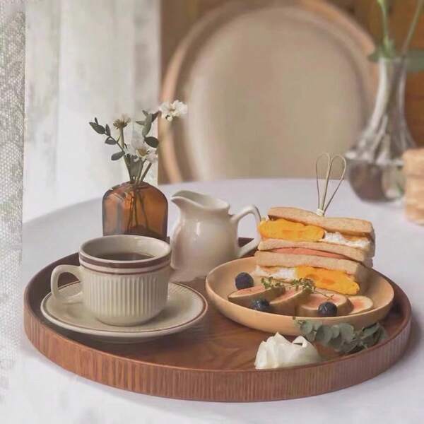 1pc Vintage Cake Stand Wooden Tray, Household Tea Plate, Dessert Plate, Coffee Shop Round Snack Plate, Tea Water Holder, Kitchen Storage Tray