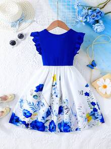 女童优雅盖袖罗纹拼接花卉印花休闲连衣裙，夏季 - 藏蓝色 - 查看 2