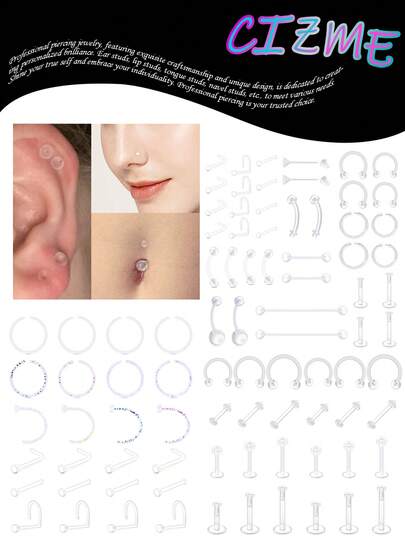 24/38pcs Clear Piercing Jewelry Plastic Earrings Nose Rings Studs Septum Belly Button Ring Clear Piercing Jewelry Cartilage Helix Industrial Nipple Tongue Lip Labret Eyebrow Piercing Retainers For Surgery Work Sports