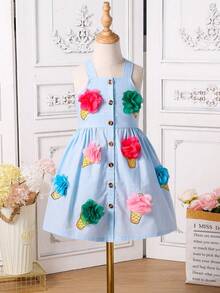 Young Girl' Cute Ice Cream Print Woven Camisole Dress, Fresh White With 3D Flower Decor, Adorable And Unique, Suitable For Family Gatherings, Daily Outings, Soft And Breathable Fabric To Keep The Child Cool In Summer. Fits Girls Aged 4-7, Spring/Summer. - Blue - View 3