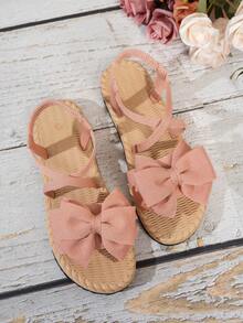 Sandalias bohemias de mujer nuevas para el verano 2025, con lazo de tela, suela blanda, decoración con lazo y correa plana, sandalias de exterior con estilo dulce y de moda - Rosa - Ver 5