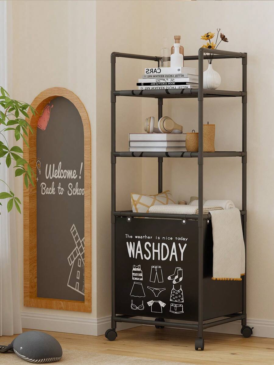 1pc Multi-Layer Mobile Floor Standing Storage Rack, Bathroom Laundry Basket Organizer Rack, Movable Shelves For Underwear And Dirty Clothes Storage, Bathroom Corner Rack
