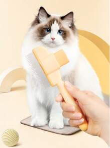 1pc Self-Cleaning Cat Brush - Stainless Steel Dual Length Flea Comb & Deshedding Tool With One-Click Release Button, Rust-Resistant Light Beige, Removes Loose Hair & Prevents Shedding, Ergonomic Handle Design, Medical-Grade Stainless Steel Material