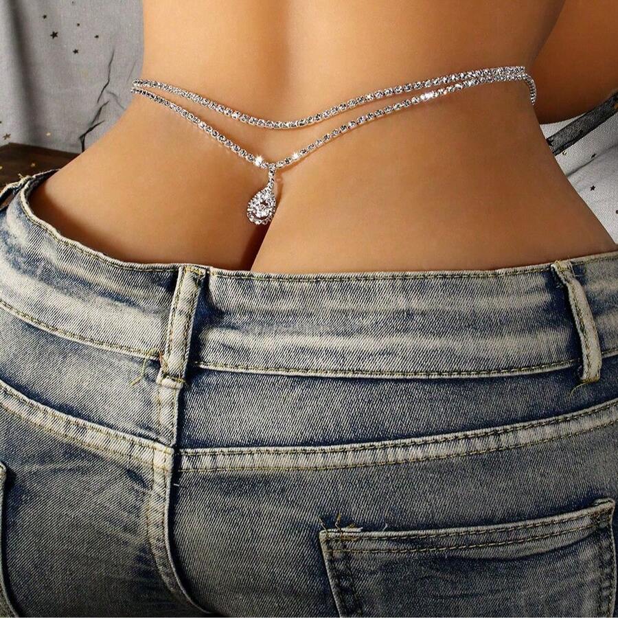 1pc 2-Layer Crystal Water Drop Design Waist Chain, Sexy & Unique Body Chain Waist Accessory - Silver - View 1