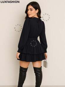 Long Sleeve Dress With Belt Simple Casual Elegant Boho Fabric With Belt Ruffle Hem Country Chic Evening Party Daily Baby Shower Winter - màu đen - Xem 3