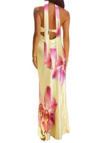 Womens Floral Strapless Dress With Scarf Y2k Backless Sleeveless Tube Maxi Long Dresses Sexy Mesh Bodycon Summer Beachwear - F;oral Yellow - 查看 2