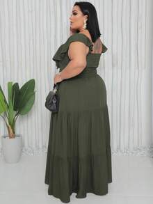 Plus Size Long Dress With Ruffle On The Shoulder - Army Green - View 2