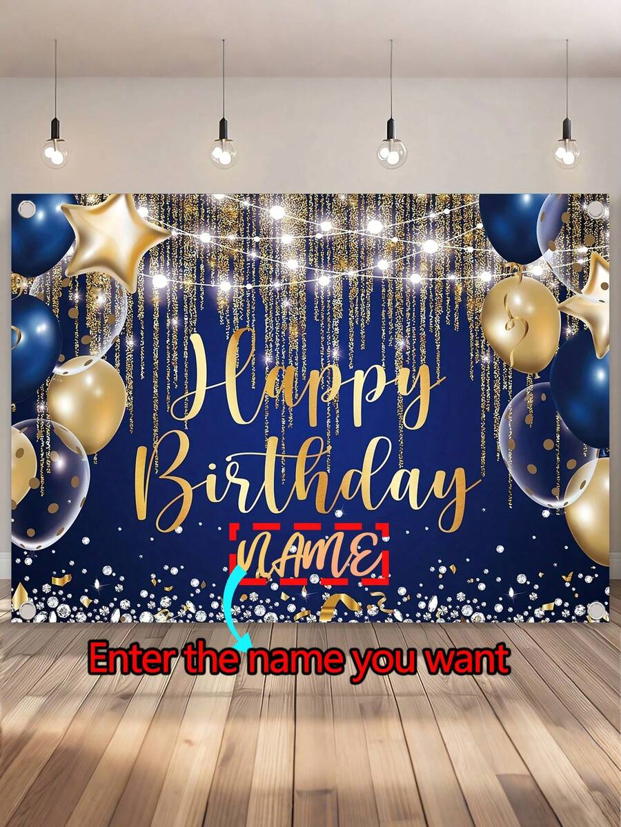 1 Peça Painel de Fotografia Personalizável com Nome de Bottom Azul Marinho e Azul Royal, Fibra de Poliéster, Bolinhas Douradas, Brilho de Strass, Decoração de Festa de Aniversário Legal, Reutilizável, Sem Eletricidade Necessária, 3 Tamanhos Disponíveis! Multifuncional, Decorativo, Lettering, Fashion, Moderno, Colorido, Fofo, Casual, Personalizável, Único, Presente Ideal para Ele/Ela, Glamour de Festa