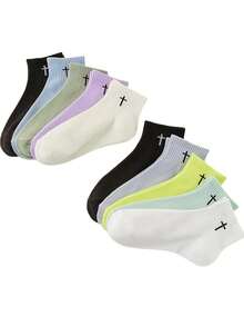 10 Pairs Women Cross Pattern Design Soft Short Socks, Comfortable Moisture-Wicking Casual Socks For Spring And Summer, Soft Feel Socks, Cute Socks - Multicolor - View 5