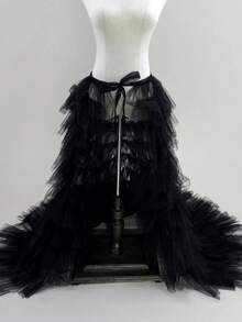 1pc Wedding/Formal Ball Gown Detachable Floor-Length Soft Tulle Skirt With Adjustable Ribbon, White/Black For Halloween Cosplay