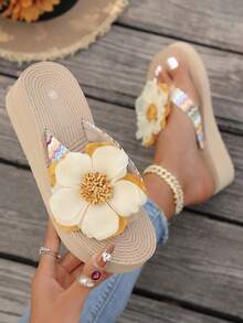 1 Pair Casual Embellished Flip Flops, Beach Wedge Sandals For Summer - Yellow - View 6