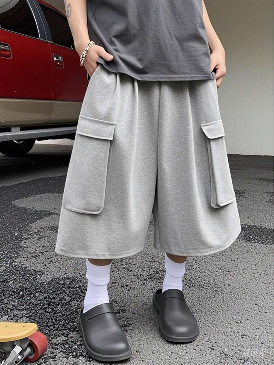 Herren einfarbige, lose, lässige Shorts bis zum Knie mit Taschen, Sommer