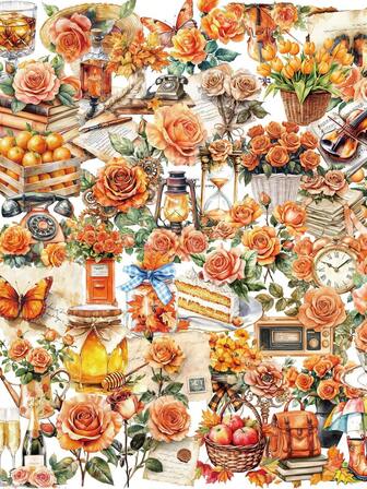 50pcs Transparent Vintage Orange Aesthetic Stickers Flower Stickers Craft Supplies PET Vinyl Sticker