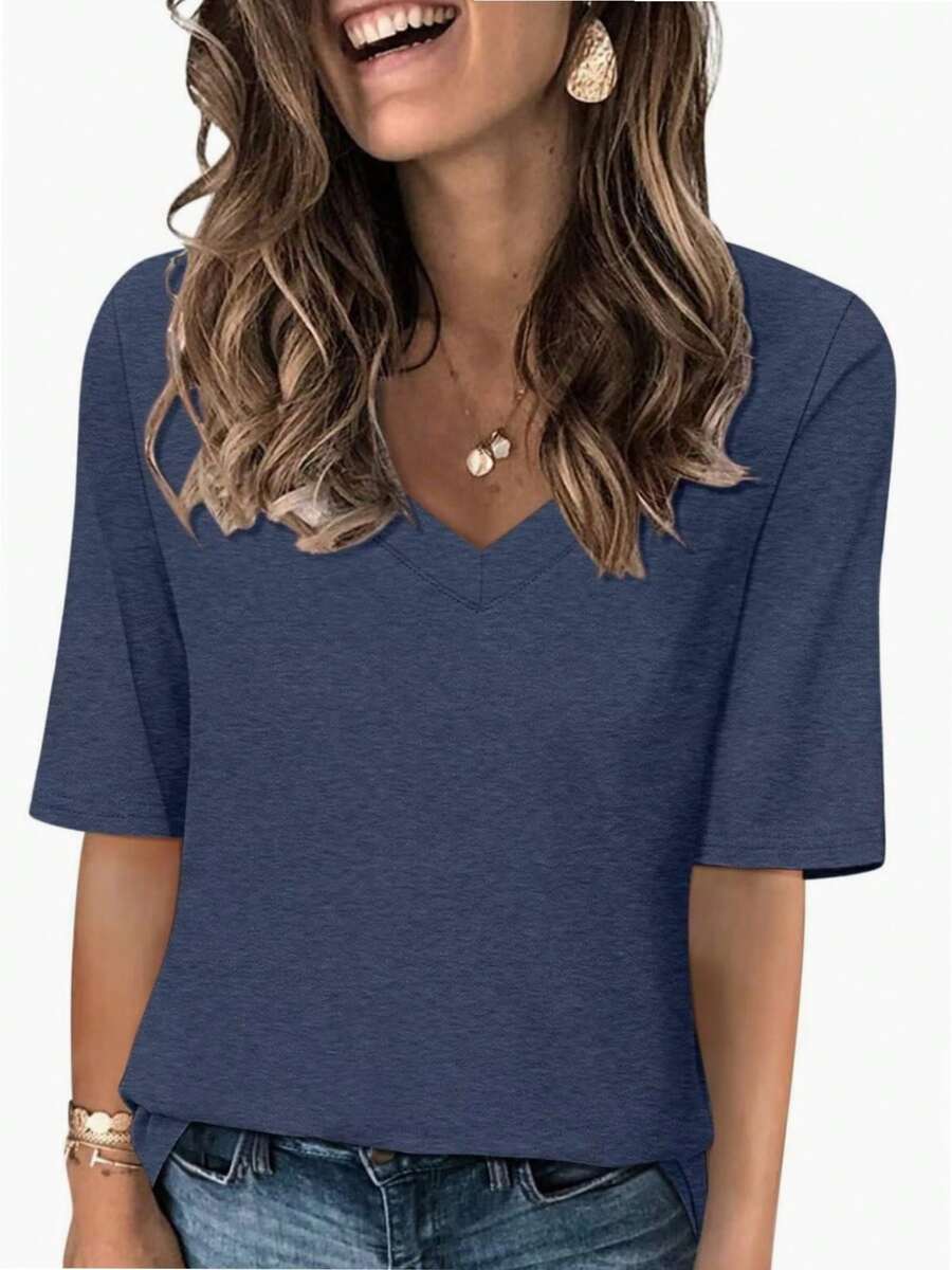 QUEENTI Women's Casual Short Sleeve Slim Basic Blouse - Hải quân - Xem 1