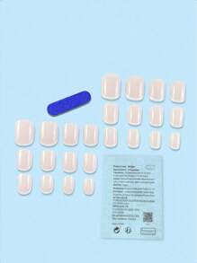 24pcs Short Square French Tip Nail Stickers Set, Simple White Edging Nail Art Design, Suitable For Party, Ball Or Daily Wear