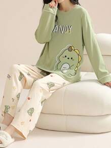 AICJ 2pcs/Set Women Casual Dinosaur Print Long Sleeve Top And Pants Pajama Set, Spring/Summer/Autumn Home Wear Outfit
