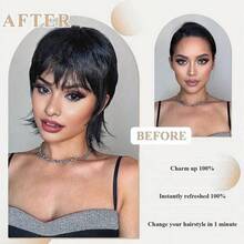 Billowig 黑色卷曲合成短发，刘海，高品质 1 英寸假发，用于女性日常穿着、角色扮演派对等。