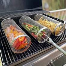 2pcs Barbecue Basket Round Barbecue Cage, Outdoor BBQ Smoker Drum Portable Rotary Barbecue Net