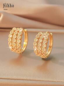 Hihho 1 Pair Fashionable Vintage Multilayer Line Zirconia Embedded Earrings, Classic Triple Row Hollow Women Stud Earrings, Available In Gold And Silver, Suitable For Gifts, Daily Wear And Parties - Earrings - View 8