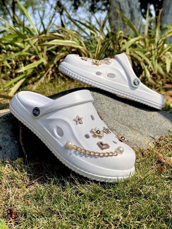Women's Summer Fashion Gold 5-Petal Flower Pearl Chain Design Anti-Slip Lightweight EVA Slide Sandals, Ladies Beach Casual Indoor/Outdoor Breathable Waterproof Slippers - Suitable For Outdoor And Beach Wear (Shoe Accessories Separately Packaged, Need User Self-Installation)