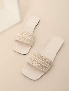 Wide Fit Rhinestone Embellished Fashion Flat Sandals For Women, Comfortable Breathable Open Toe Casual Slides Suitable For Outdoor Walking, Vacation, Party, Luxurious And Charming Princess Style,Spring Summer Outfits - Beige - View 6
