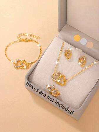 5 stuks/set elegante en romantische hartvormige sieradenset voor meisjes, sprankelende, prachtige sieradenset, geselecteerde modieuze sieradenset voor meisjes, Moederdagcadeau, hartvormige ketting, armband, ring en oorbellenset, geschikt voor vriendinnen, perfect cadeau voor meisjes, Thanksgiving-cadeau, is de beste keuze om cadeau te geven
