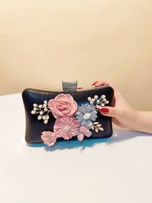 Valentine's Day Gift Love Holiday Date Ramadan Wedding Girlfriend Gift Lady Flower Evening Bags Pink Color Women Small Clutch Purse With Chain Shoulder Flap Design Diamonds Beading Box - Black - View 1