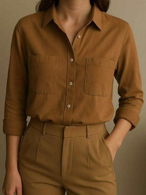 Camisa Feminina Basica Social Manga Longa com bolso e botoes