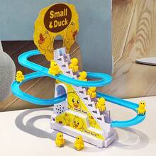 1pc Cute Duck Climbing Stairs Electric Track Toy, Duck Sliding Down With Light & Sound Effects, Gift - Yellow - View 4