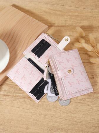 Pink Bow Love Pattern Buckle Fashion Card Holder Slim Lightweight Portable Cash Money ID Card Credit Card Coin Pocket For Birthday Gift Gift Anniversary Christmas On Valentine Day Lover Female Lady Girls Women Teenagers For College Student School Student,Bag School Supplies For School Dorm Room & Back To School