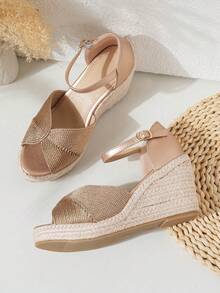 Women's Fashionable Stylish Comfortable Vacation Chic Rope Thick Soled Casual Shoes - Gold - View 1