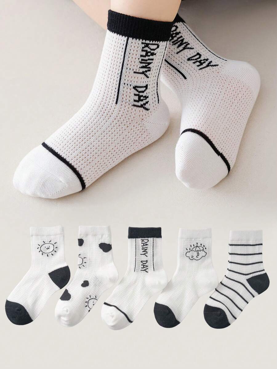 5 Pairs Kids' Thin Summer Socks, Minimalist Black/White Letter & Face Pattern, Soft & Comfortable Mid-Calf Socks - Black and White - View 1